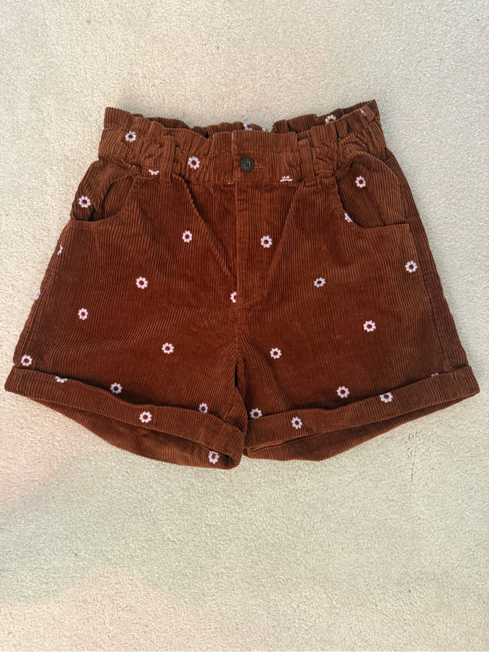 Madewell Brown Corduroy Paperbag Shorts Daisy Embroidered Cottagecore Sz S